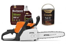   Impregnačn&iacute; př&iacute;pravky a benz&iacute;nov&aacute; pila Stihl MS 170  