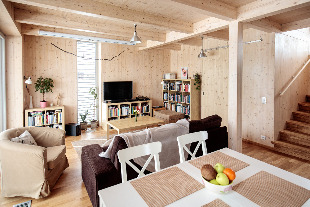 Interér dřevostavby, pohledové dřevo