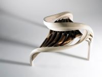 Enignum III Chair.series of 6 unique works.olive ash, copper and silk wovan textile.2011.view 2