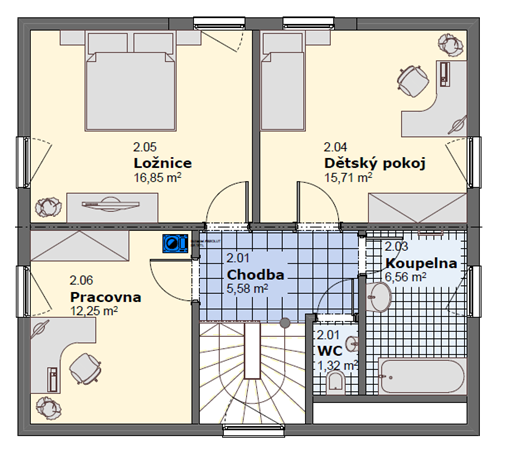 Půdorys domu č. 122 - varianta 1 - patro