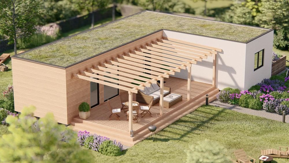  Modulov&aacute; dřevostavba - dvojmodul l s terasou a zatravněnou střechou.