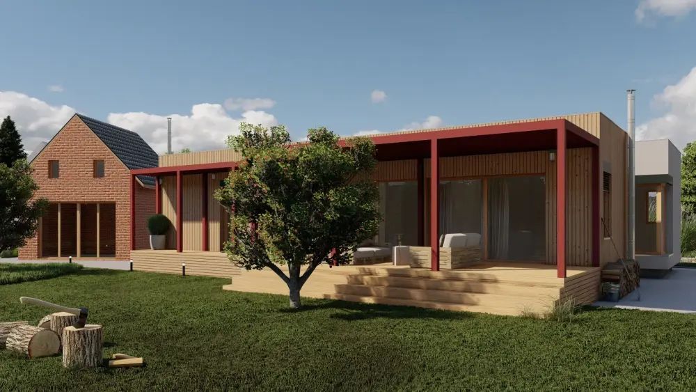 Modulov&aacute; dřevostavba se schody a zahradou - čtyřmodul H atyp.