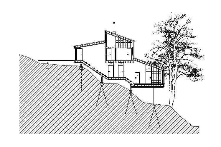 Projekt dvojdomu ve svahu na pilotech v Zadn&iacute; Třebani.